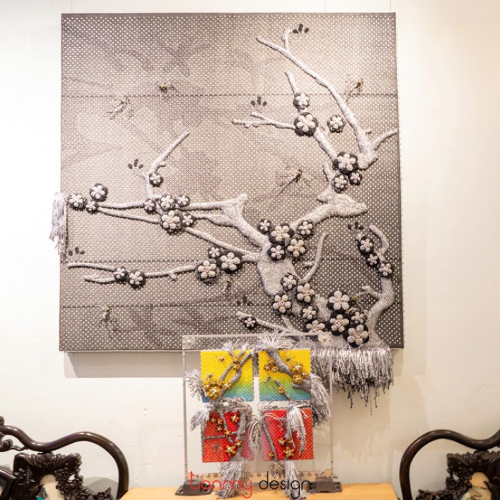 Black - grey spring apricot blossom garden at night 147x147x7cm